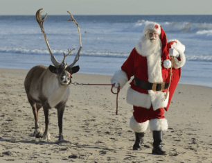 santa walking reindeer on beach